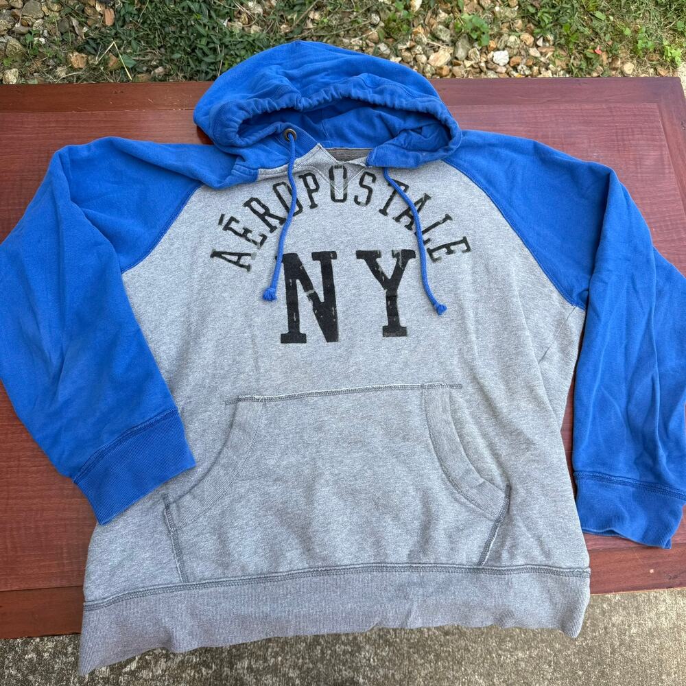 Aeropostale Hoodie Raglan Pullover Graphic Y2K Mens XXL Gray Blue Sweatshirt